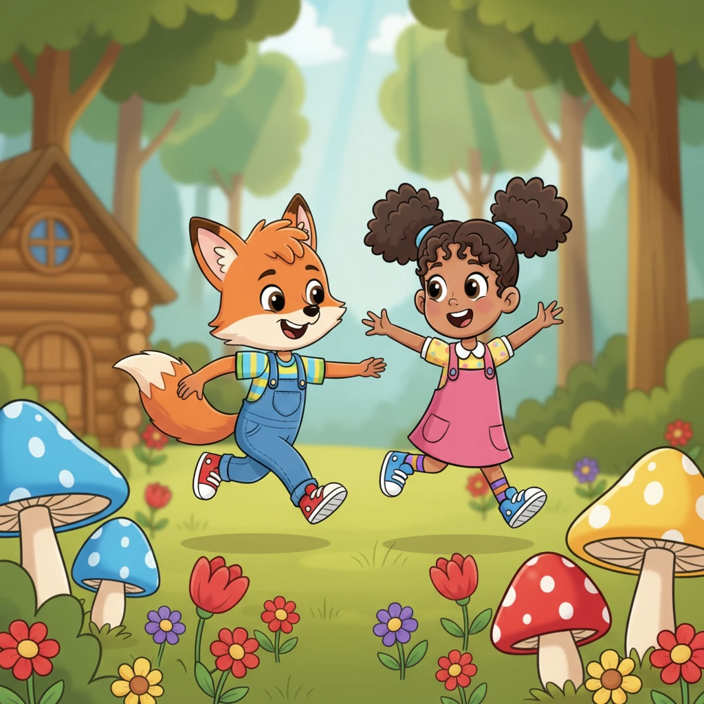 Outside his log, just a short distance away, Rosie Rabbit and Freddie Fox are playing a cheerful game of tag among giant, whimsical mushrooms. Rosie giggles as she hops, and Freddie wags his bushy tail, their faces full of pure delight and friendship. Bright flowers bloom around them, adding to the joyful scene.