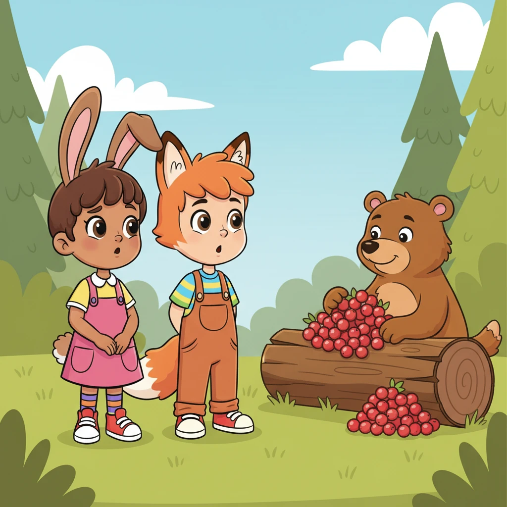 Rosie Rabbit and Freddie Fox pause their game, their ears drooping slightly and their smiles turning into a soft frown. They look towards Barnaby's log, catching a glimpse of his abundant berries. They sigh, wishing they had some tasty treats to share with each other.