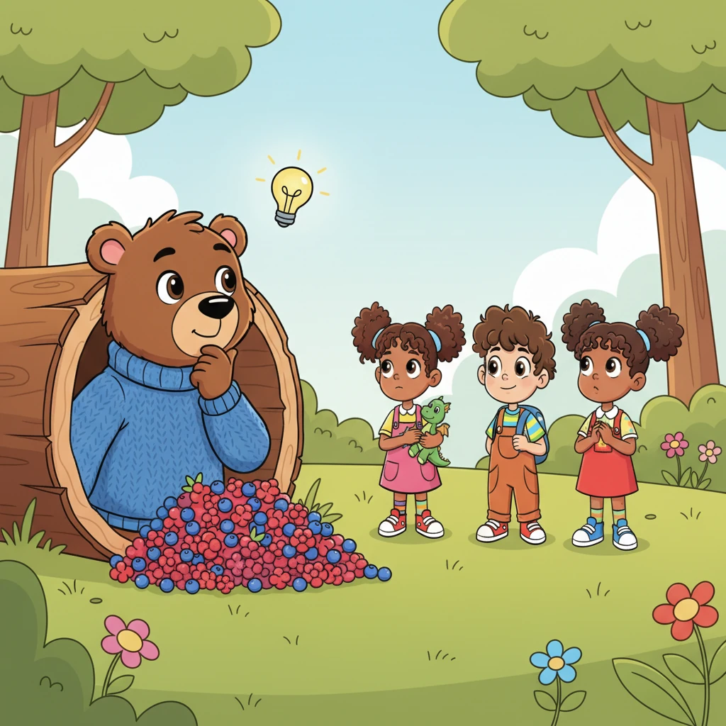 Barnaby peeks out from his log, watching his friends. He sees their longing looks and then glances back at his own huge pile of berries. A tiny lightbulb seems to pop above his head, and a warm, thoughtful smile spreads across his face. He realizes that sharing might make everyone, including him, feel much happier.