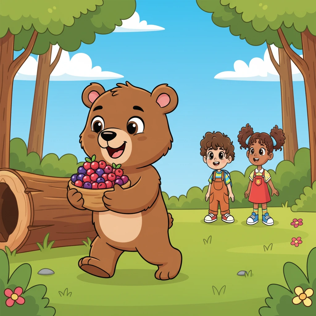 With a newfound determination, Barnaby carefully scoops a generous pile of berries into his paws, making sure not to drop any. He takes a deep breath and waddles out of his log, his steps a little wobbly but full of courage. His big, happy grin returns as he heads towards Rosie and Freddie.