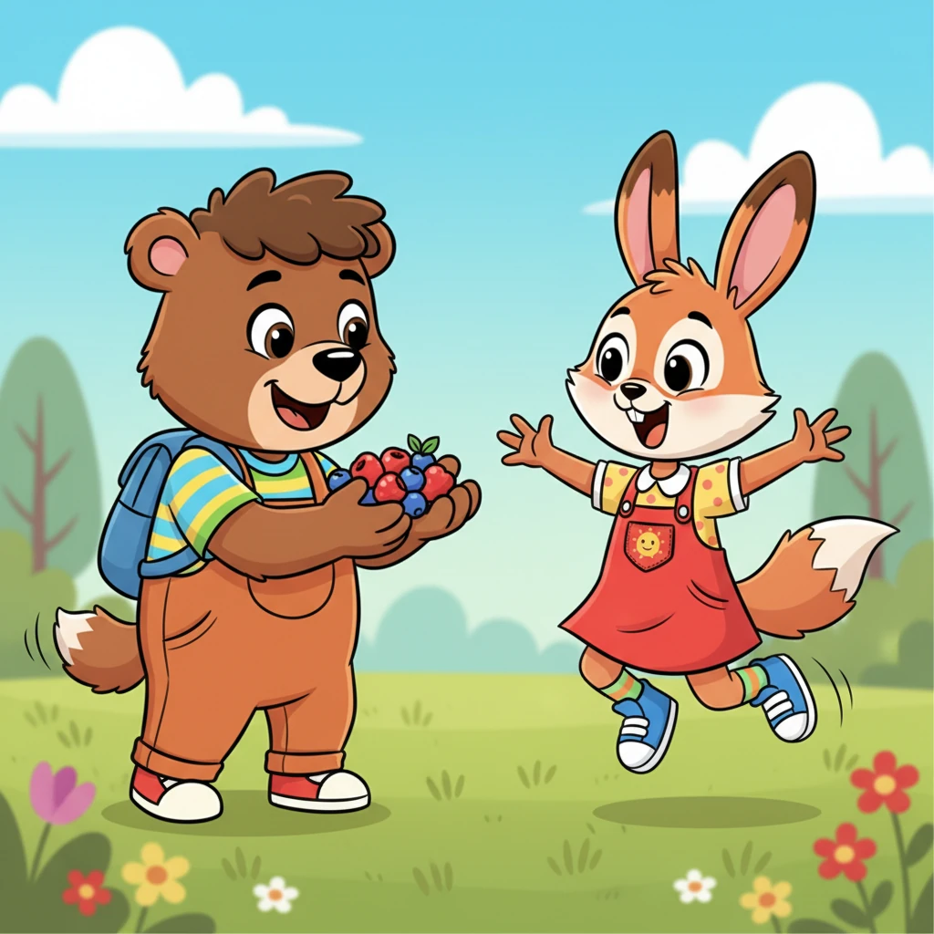 Barnaby approaches Rosie Rabbit and Freddie Fox, who gasp with wide, surprised eyes when they see him and his berry-filled paws. Their sad faces instantly transform into huge, joyful smiles. They hop and wag their tails with excitement, eagerly looking at the delicious offering.