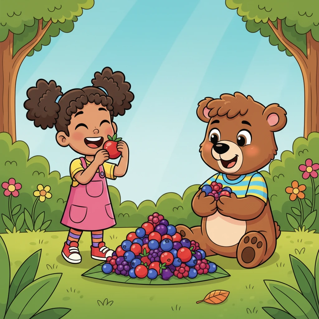 All three friends are now gathered around the berry pile, happily munching and giggling together. Barnaby, Rosie, and Freddie share stories and laughter, their faces bright with joy. They take turns picking the juiciest berries, making sure everyone gets plenty.