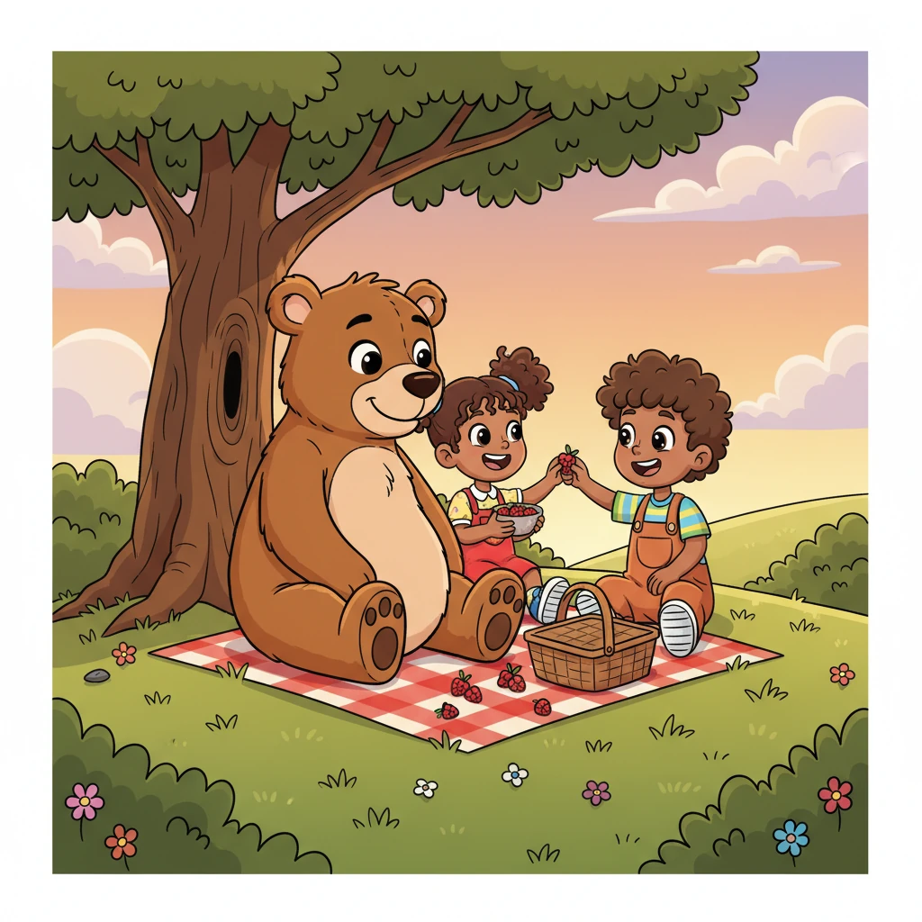 Barnaby sits contentedly with his friends, his heart feeling as full and warm as his tummy. He watches Rosie and Freddie enjoy the last few berries, knowing that sharing his treats made their day, and more importantly, made his own day much brighter and happier. He learned that moments shared are the sweetest of all.