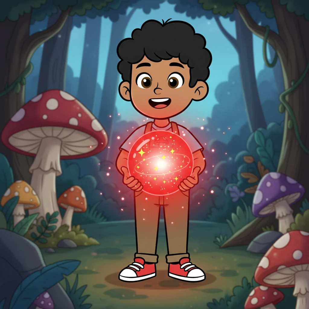 ¡Mira! Aquí está una bolita mágica con estrellas. La bolita brilla intensamente con un color rojo vivo, como si fuera un tesoro.