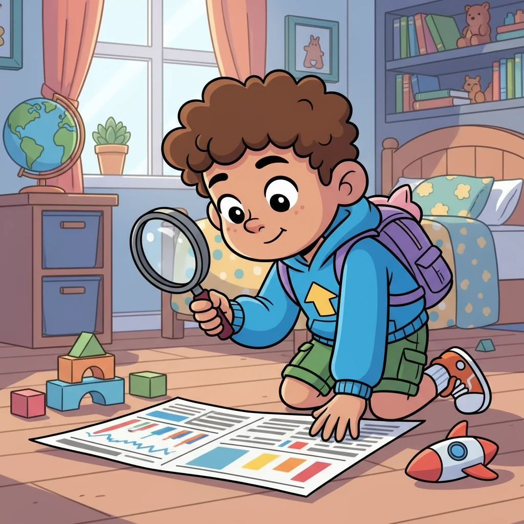 Alex, a curious child with a magnifying glass, looked at a newspaper with a stock market chart. He was intrigued by the colorful graphs and mysterious numbers. He wondered what they all meant, and where to begin his exploration.