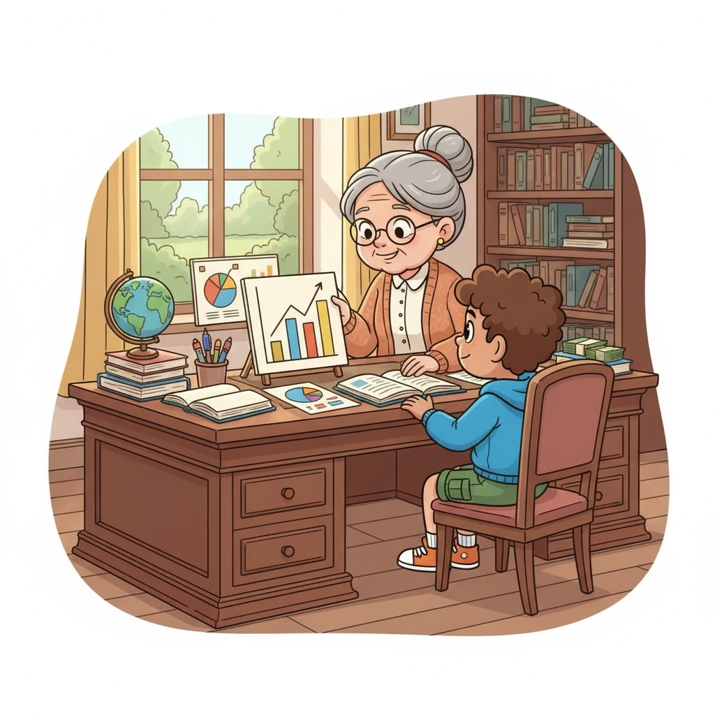 Alex's wise grandmother, a retired financial advisor, sat with him at her desk, which was filled with colorful charts and books. She explained that the stock market was like a big marketplace where people buy and sell little pieces of companies called shares.