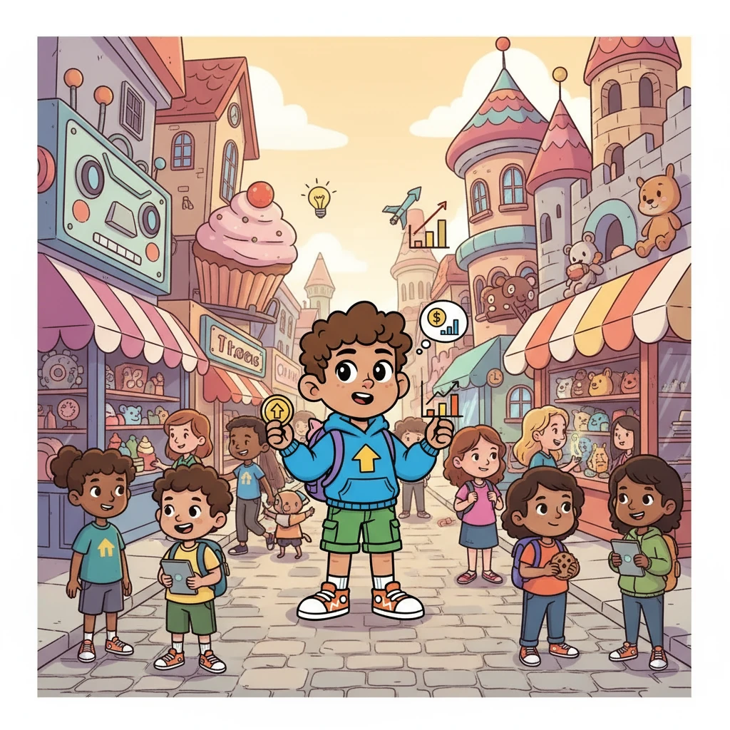 They visited a bustling virtual marketplace, represented by a busy street with shops labeled with company names. Each shop represented a different company, like a toy store, a bakery, and a technology company. Alex learned how companies grew and changed.