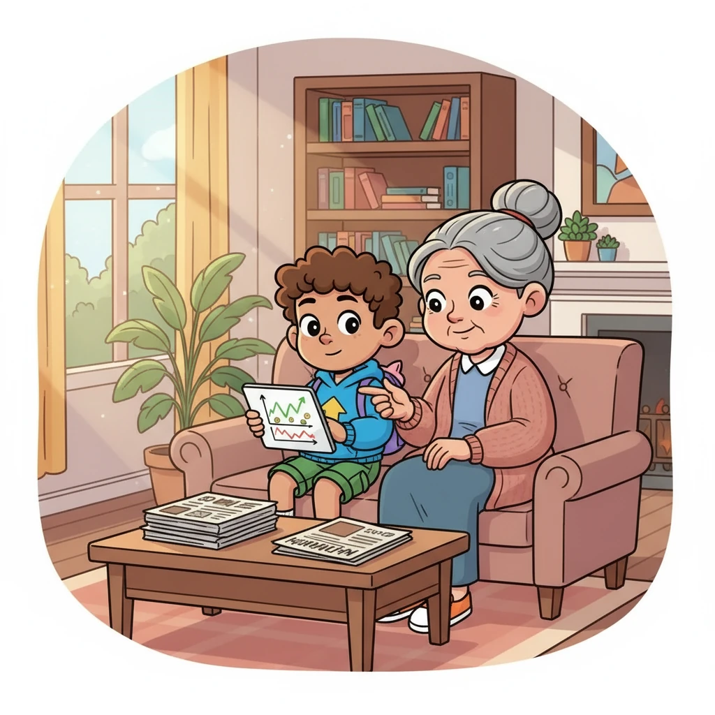 Over time, Alex tracked his pretend investments, watching some shares rise in value and others fall. He learned about the importance of patience and understanding the market's ups and downs. His grandmother taught him how to read the news to make informed decisions.