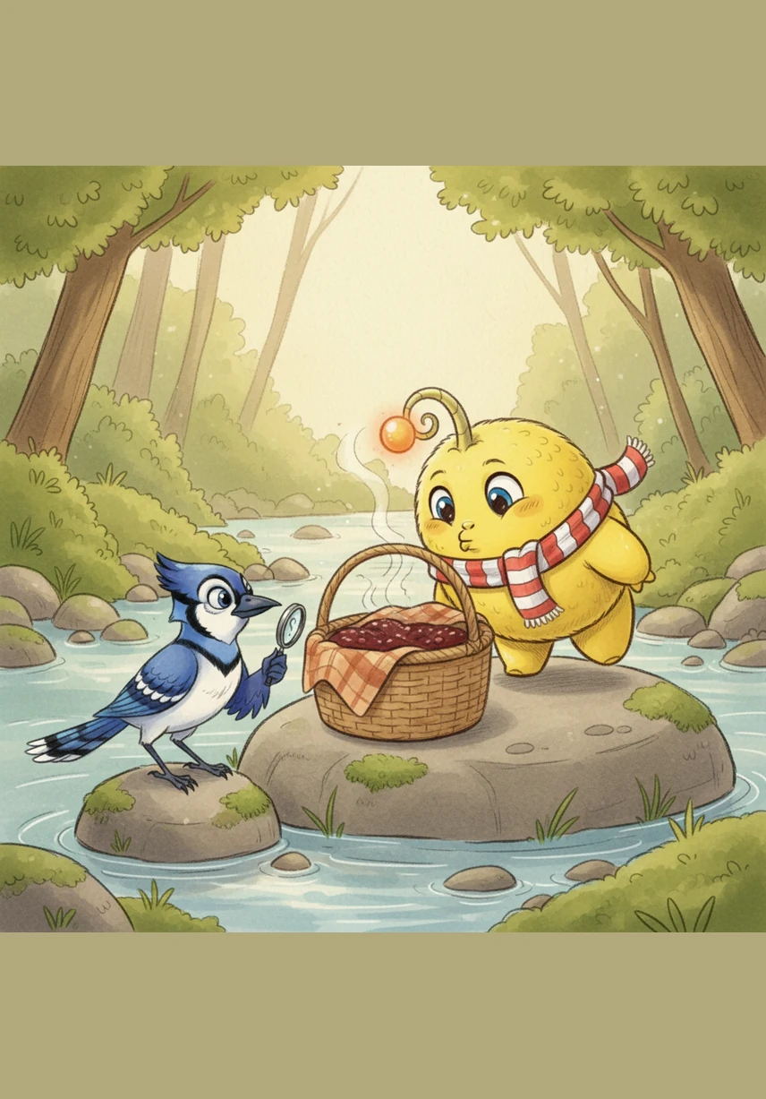 One afternoon, he stumbled upon a mysterious woven basket resting on a flat river stone, its contents hidden beneath a warm cloth. As he approached, a savory and spicy scent tickled his nose, unlike anything he had ever smelled before.