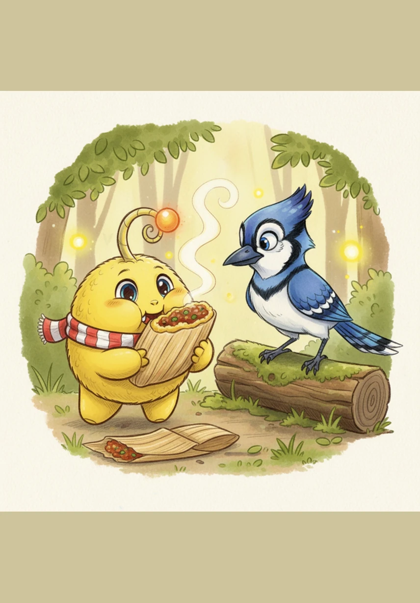 With a gentle tug, the husk fell away to reveal a perfectly steamed masa cake, golden-yellow and fragrant with corn and spices. He took a massive bite, his cheeks puffing out as the rich, savory filling melted on his tongue.