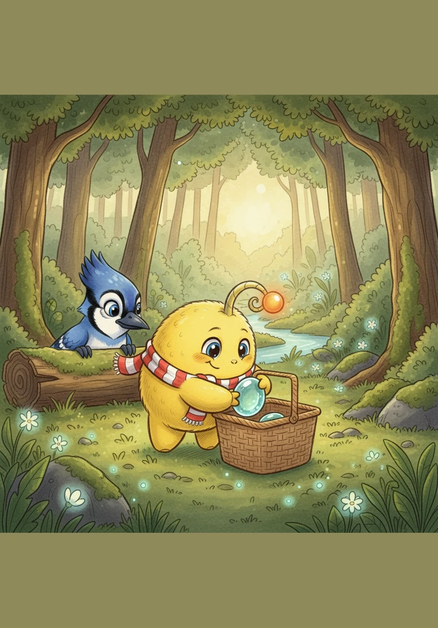 Before leaving, Bolo placed a shimmering river glass stone inside the empty basket as a gift for whoever had left the delicious food. It was his way of saying thank you to the spirits of the valley for such a wonderful surprise.