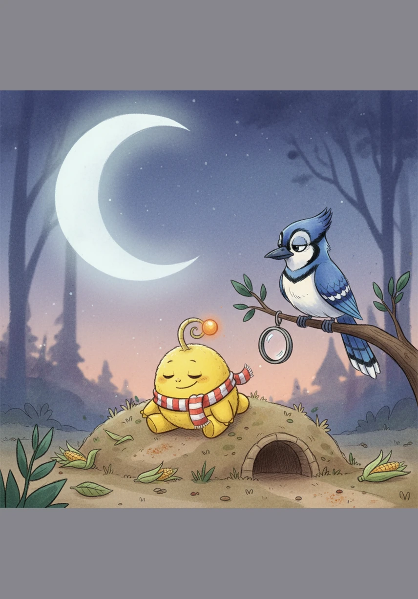 Under the light of the rising moon, the sleepy Bamberbola rolled slowly back toward his cozy burrow. He drifted off to sleep with the taste of corn and spice still on his lips, dreaming of his next great culinary discovery.