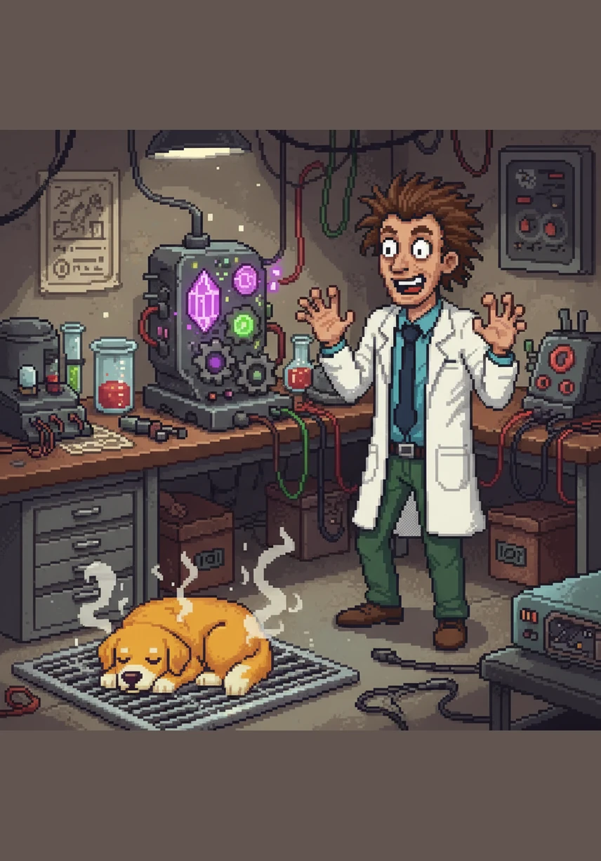 Barnaby was a simple dog who loved three things: peanut butter, his tennis ball, and his best friend, Dr. Aris Thorne. He spent his days napping on air conditioning vents while the doctor worked on mysterious, glowing machines in his cluttered laboratory.