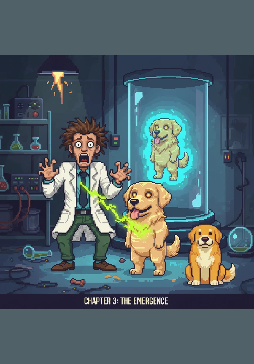 One stormy night, a stray kibble led Barnaby into the high-voltage testing chamber just as a massive bolt of lightning struck the building. The Chronos-Pulse machine roared to life, filling the room with a shimmering, golden mist that swirled around the curious pup.