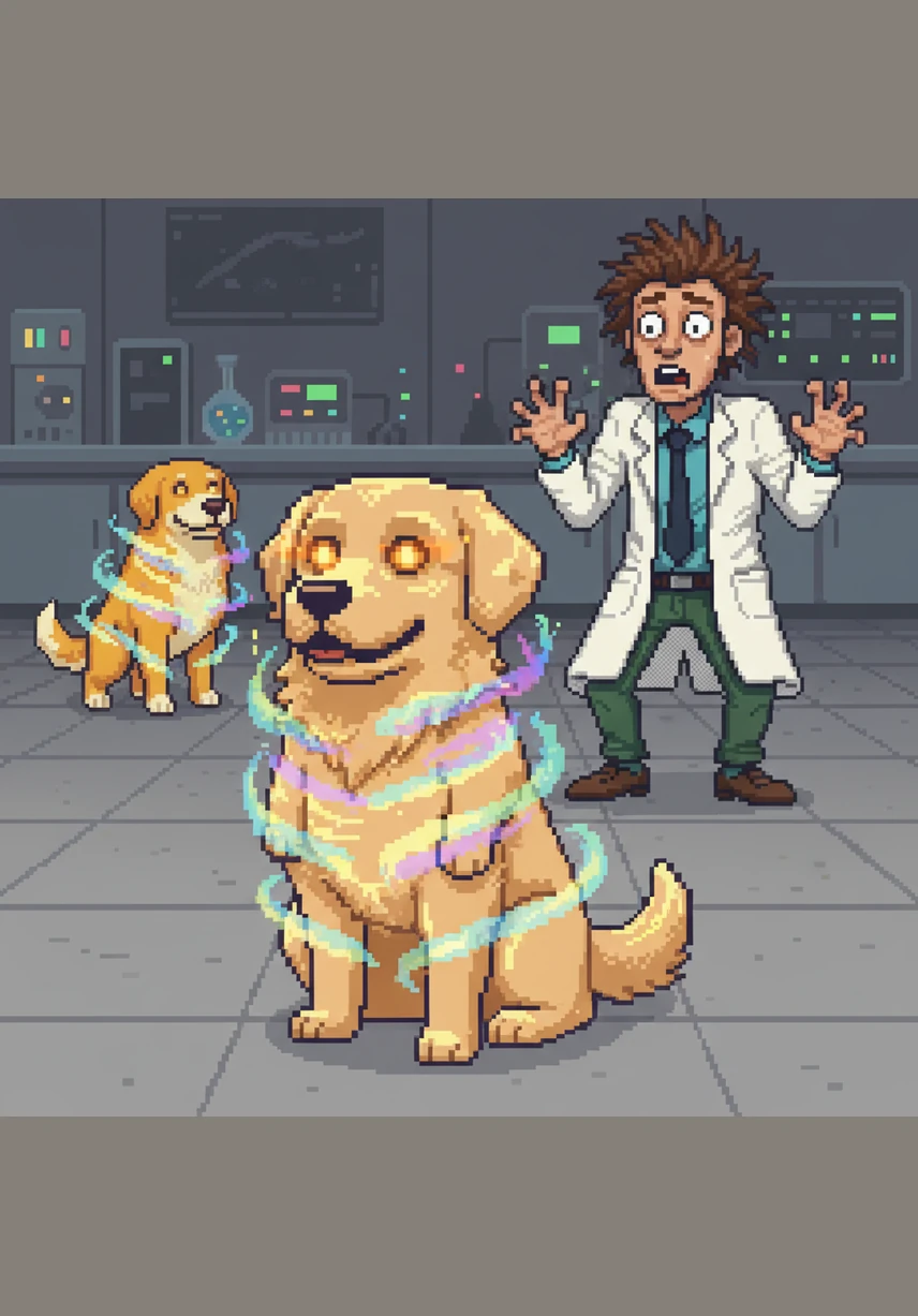 As the iridescent ether-flux bonded with his fur, Barnaby’s chocolate-brown eyes began to glow with a soft, pulsing amber light. He felt different, though he still felt like a very good boy, sitting calmly as the energy rewritten his very DNA.