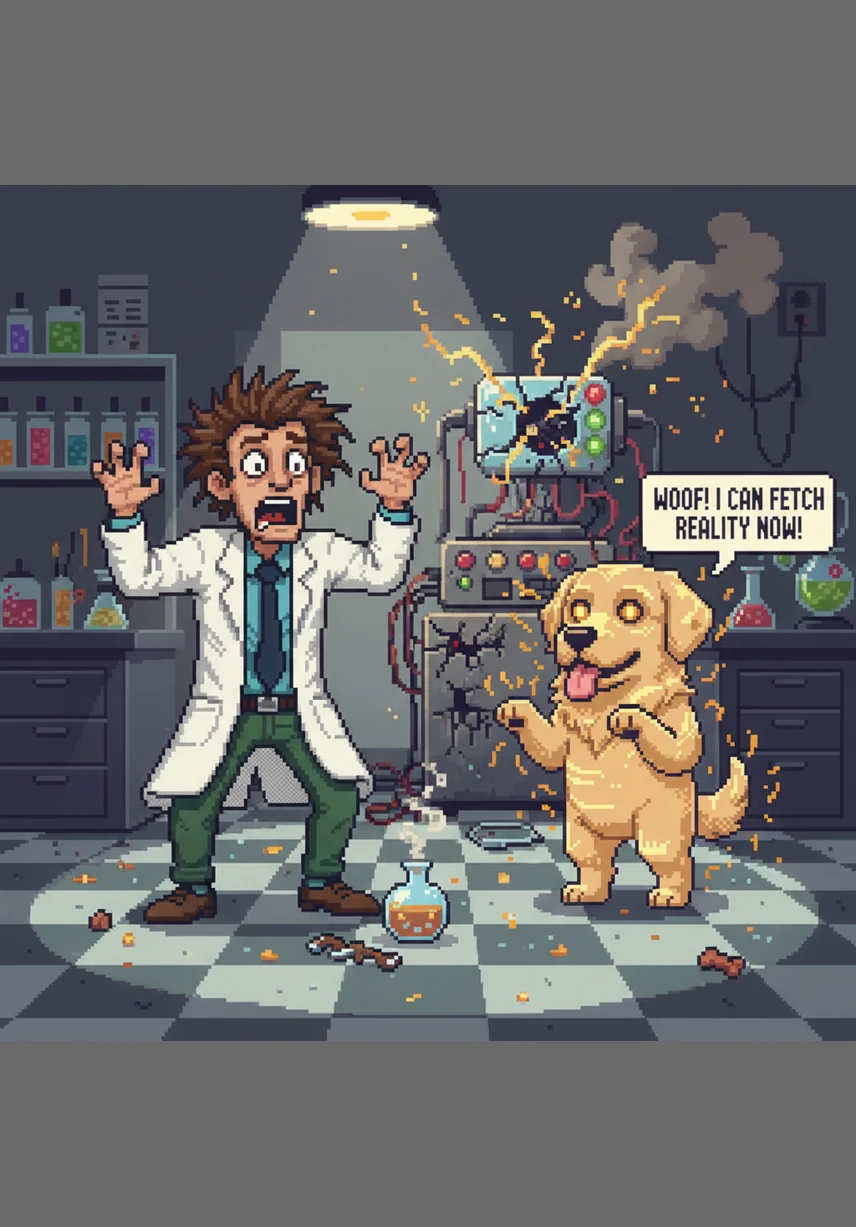 The next morning, Barnaby’s usual zoomies became something extraordinary as he moved so fast that falling raindrops appeared to freeze in mid-air. He realized he could move between the seconds, turning the living room into a playground of still motion while he blurred past.