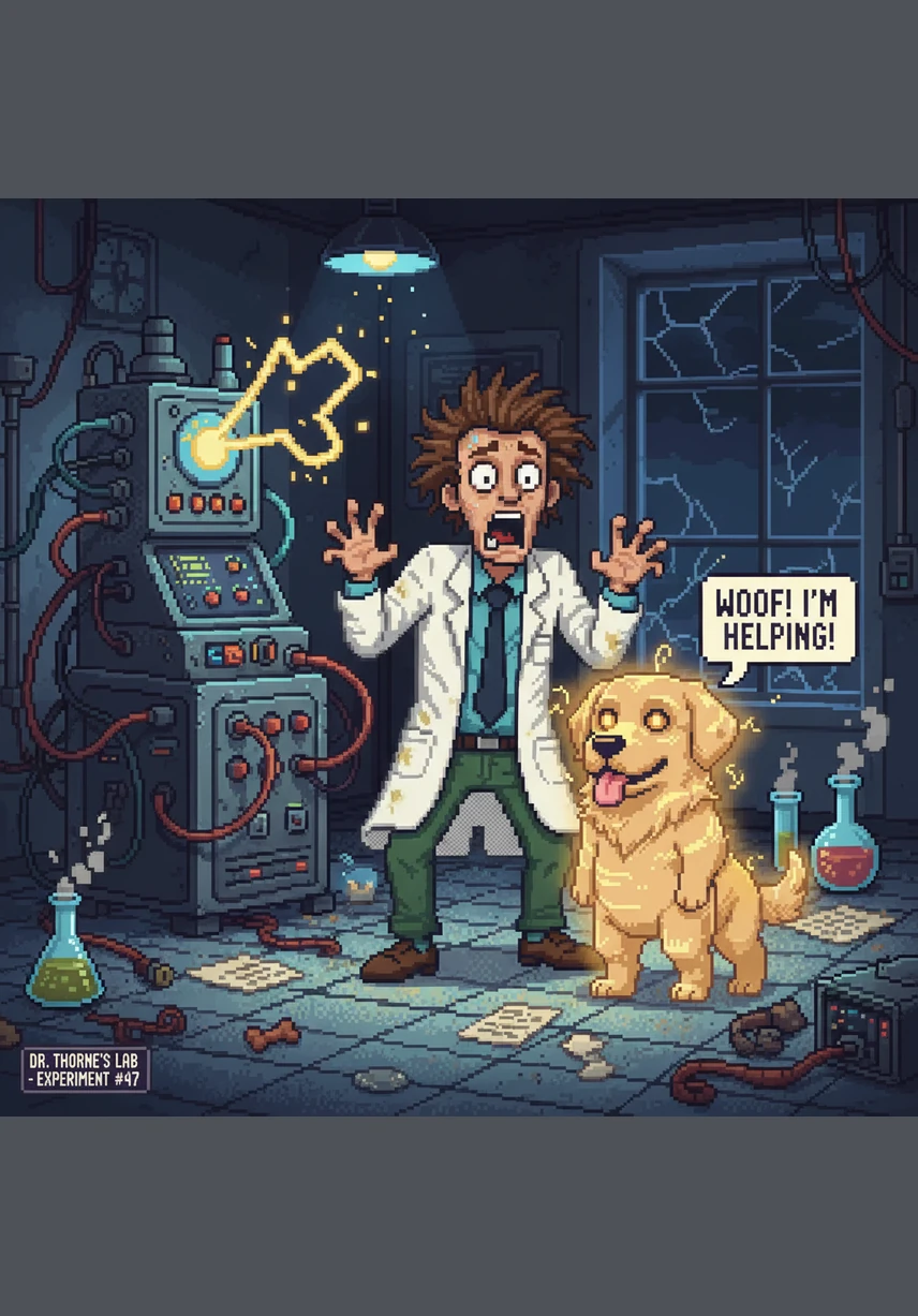 Recognizing his pet's new destiny, Dr. Thorne crafted a special leather collar that projected a high-tech hard-light mask over Barnaby’s face. With a glowing heads-up display and a wagging tail, the ordinary dog officially became the legendary hero known as the Golden Guard.