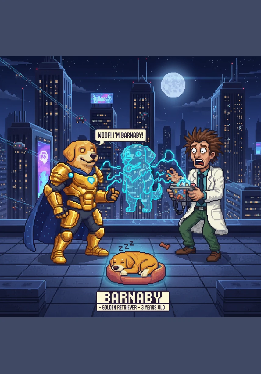 High above the streets of Metro-Oasis, the Golden Guard unleashed a powerful Kinetic Bark to safely stop a runaway train. The golden sonic blast rippled through the air, showcasing his incredible power to protect the citizens from any disaster.