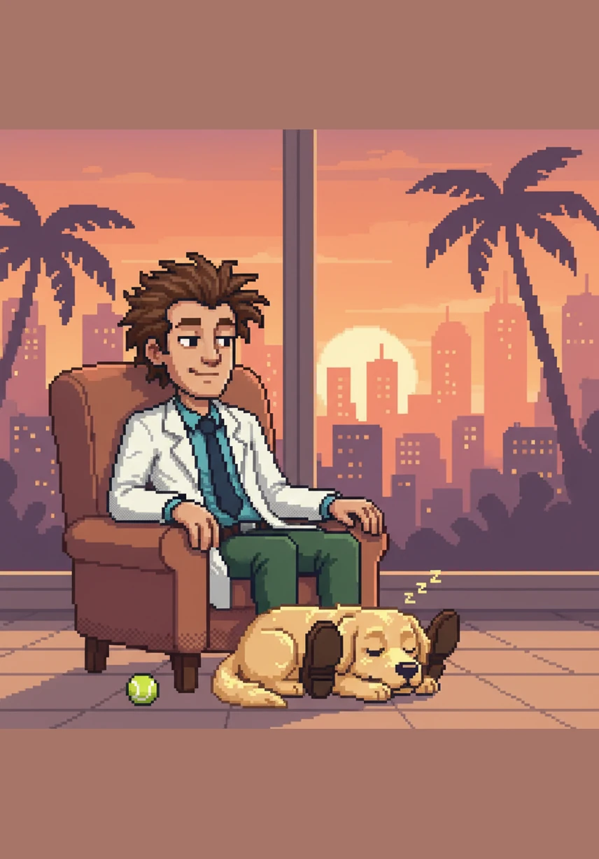 As the sun sets over the peaceful city of Metro-Oasis, the Golden Guard returns home to his favorite spot right on top of Dr. Thorne’s feet. The city sleeps soundly, knowing their golden protector is on watch, dreaming of tennis balls and his next big adventure.