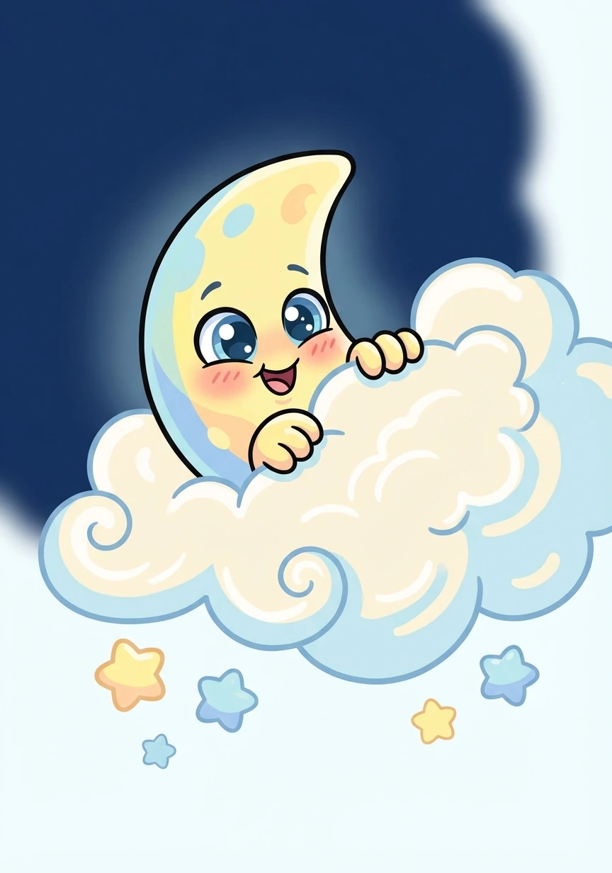 Luna the moon felt a little shy. She peeked out from behind a big, fluffy cloud, giggling softly.