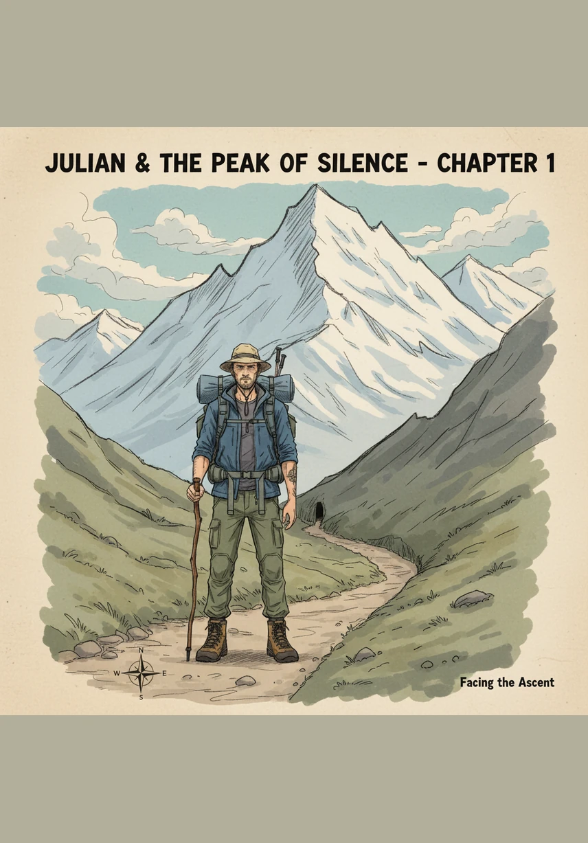 Julian stands at the foot of the immense mountain as the first light of dawn outlines its jagged peaks. The silence of the valley is heavy, and the mountain feels like a silent giant that has always been waiting for him.