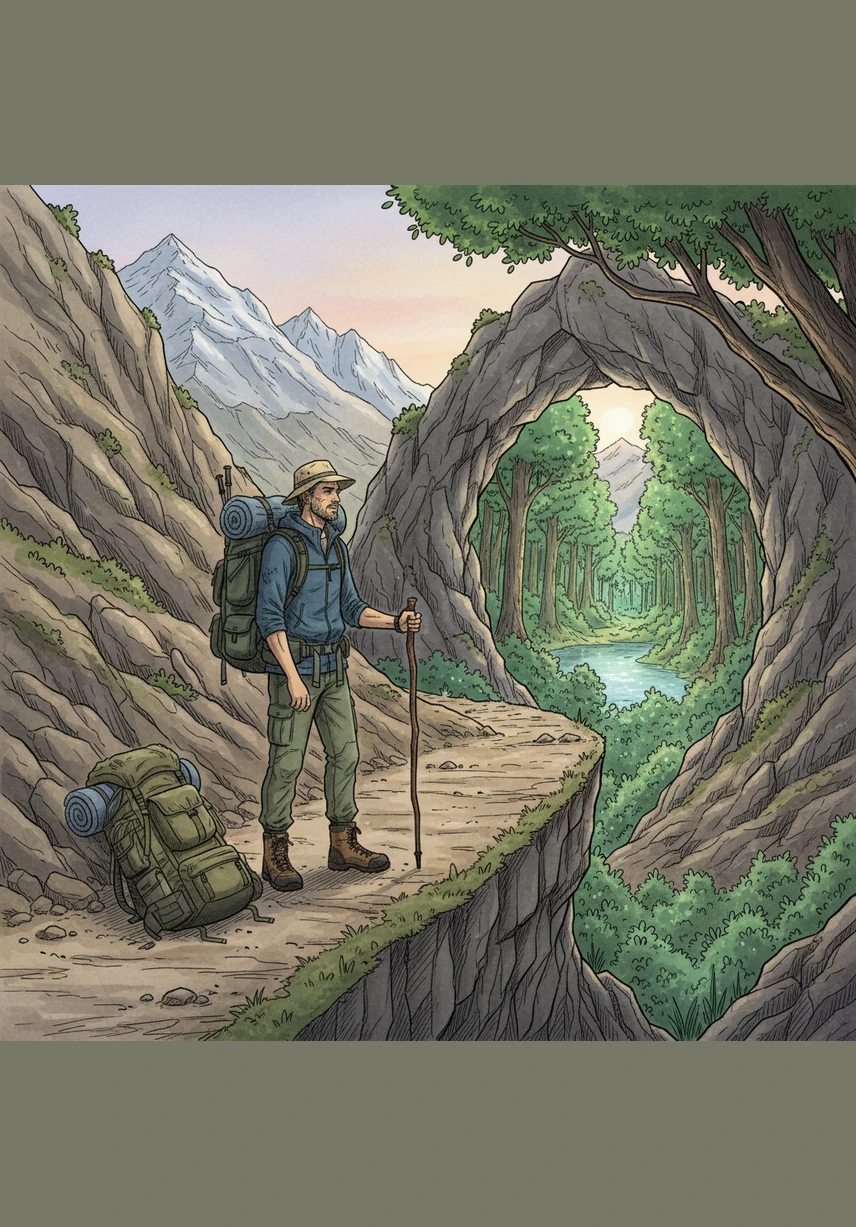 He looks back at his small, comfortable home in the valley where everything is safe and predictable. He knows that staying below means never failing, but it also means never truly moving forward.