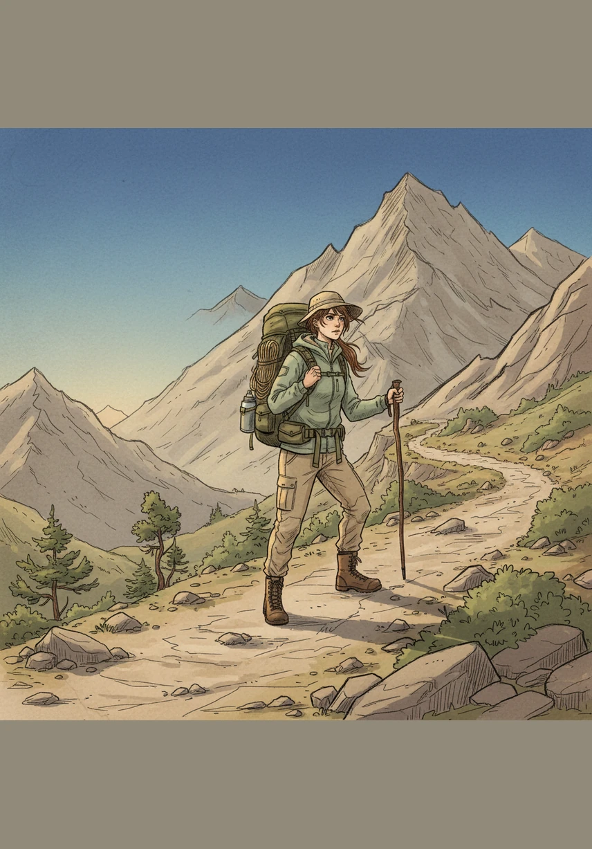 The path winds through ancient trees and sharp rocks, bathed in the soft, golden light of the early morning. Every meter gained makes the air feel thinner and the challenge more real than it ever seemed from below.