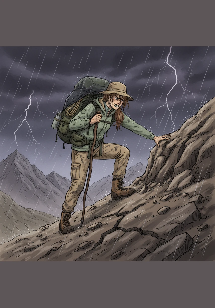 He reaches a steep incline where the earth is loose and the wind begins to howl against the mountainside. The physical weight of his pack is nothing compared to the weight of his own growing self-doubt.