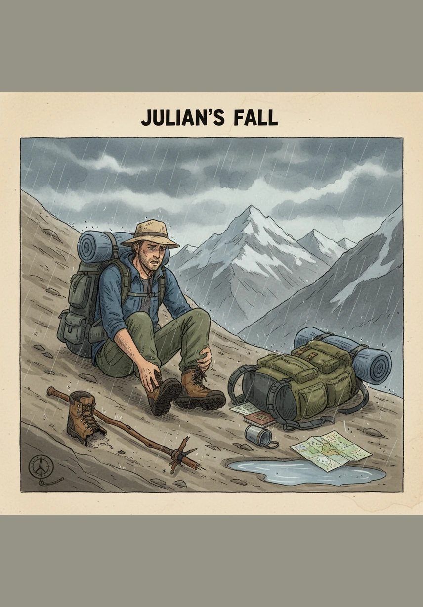 A loose stone gives way, and Julian slides back, scraping his hands against the cold, hard ground. He sits there for a moment, staring at the valley below, which still offers a peaceful and easy return.