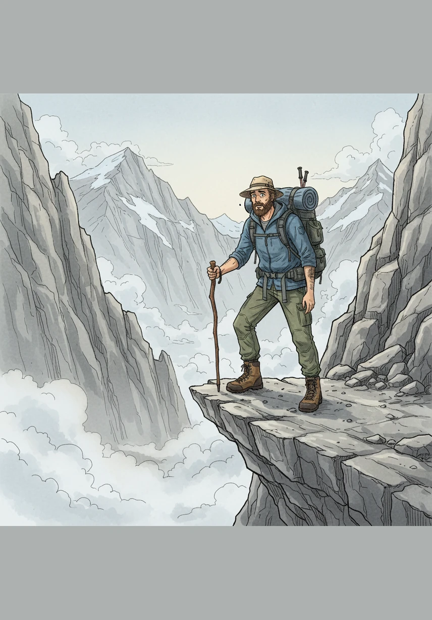 Pausing on a narrow ledge, he looks out over the vast expanse of the world he once knew from a different perspective. The summit is still high above him, but the man who started the climb is already gone, replaced by someone stronger.