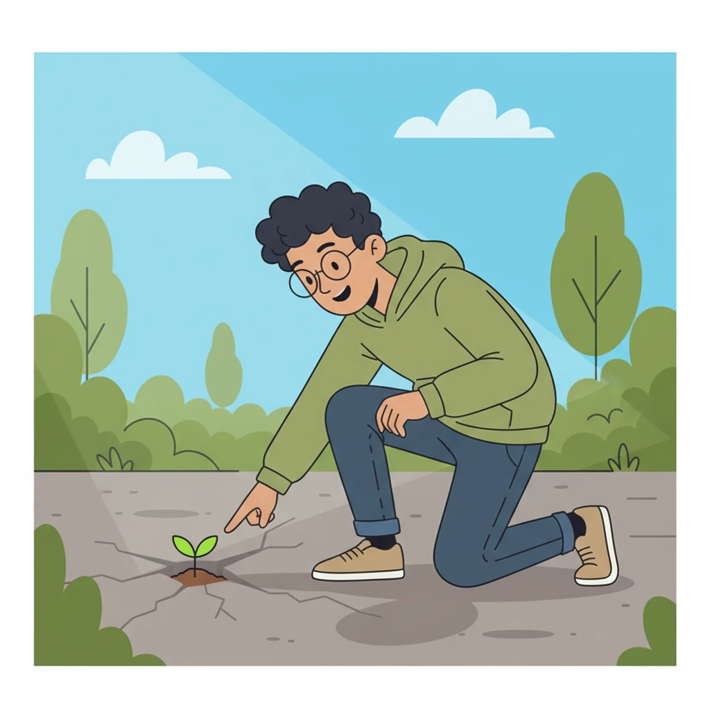 One sunny afternoon, while exploring a forgotten corner of the park, Leo noticed something extraordinary. A tiny, vibrant green sprout pushed bravely through a crack in the dull concrete path. Its bright color stood out against the grey.