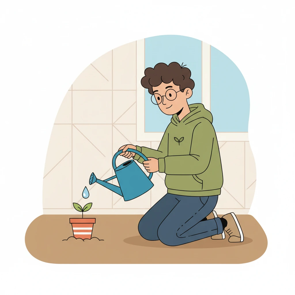 Leo rushed home to find a small, bold blue watering can. He carefully returned and gave the little sprout its first drink. A single drop of water shimmered on its leaf, a tiny promise of life.