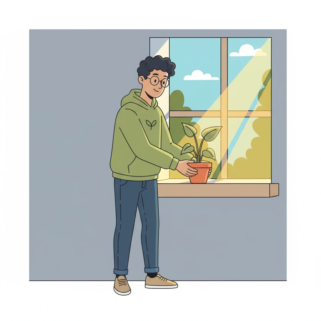 Leo learned that the plant loved the sun's warm touch. He carefully moved the small pot he'd placed it in to a spot where bright, geometric yellow sunbeams streamed through his window. The plant seemed to glow with happiness.