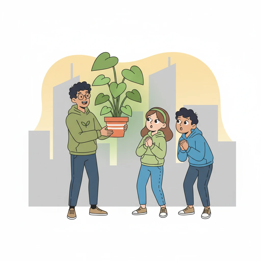 Excited, Leo shared his story with his friends, showing them his vibrant plant. He explained how it cleaned the air and brought beauty to their grey world. His friends listened with wide, curious eyes, imagining their own green discoveries.