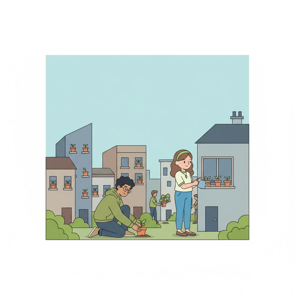 Inspired by Leo, his friends and neighbors began to plant their own tiny sprouts. Small pots appeared on windowsills, and little patches of green started to dot the town. Geometric shapes of plants began to soften the sharp lines of the buildings.
