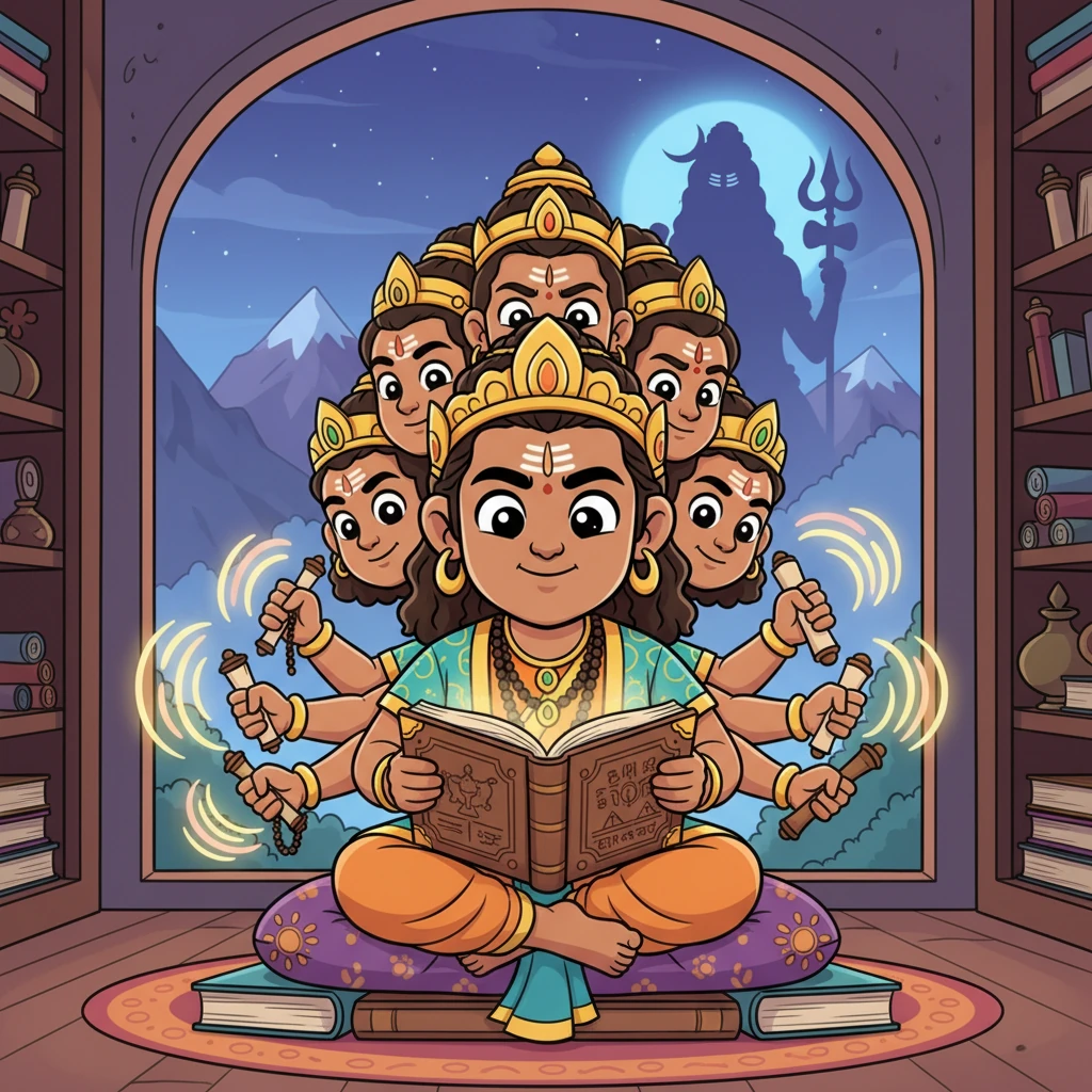 Long ago, lived King Ravana, a scholar with a heart full of pride, yet a deep yearning for Lord Shiva. He spent his days studying ancient texts, dreaming of a moment with the divine. His powerful aura shimmered, but inside, a burning desire for grace grew.