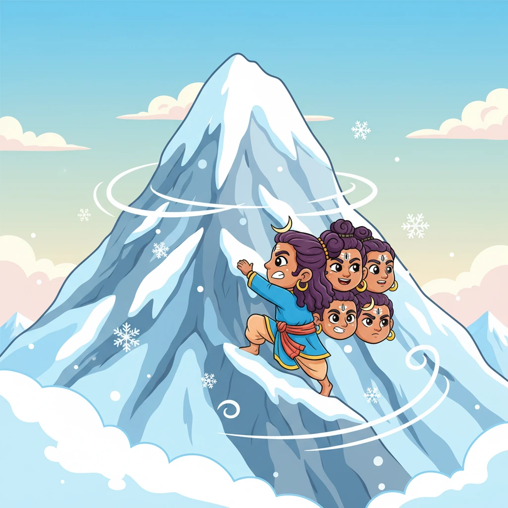 Ravana embarked on a grand journey to the majestic Mount Kailash, a towering peak touching the sky. Cold winds whispered ancient secrets, and snow settled like soft blankets. The mountain stood, real and imposing, a silent challenge.