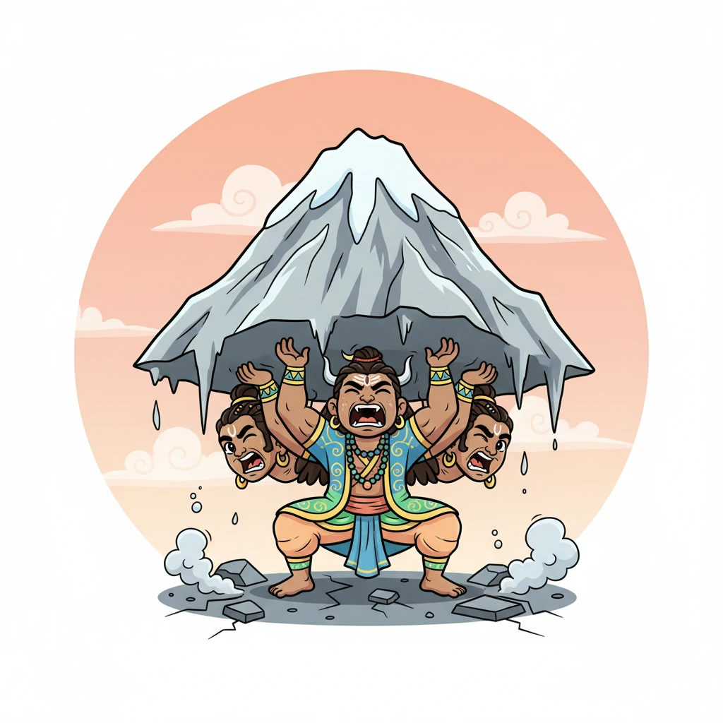With a mighty roar, Ravana decided to lift the entire mountain, Kailash itself, upon his broad shoulders. He strained every muscle, his face contorted with effort. The ground beneath his feet cracked as he pushed against the colossal rock.