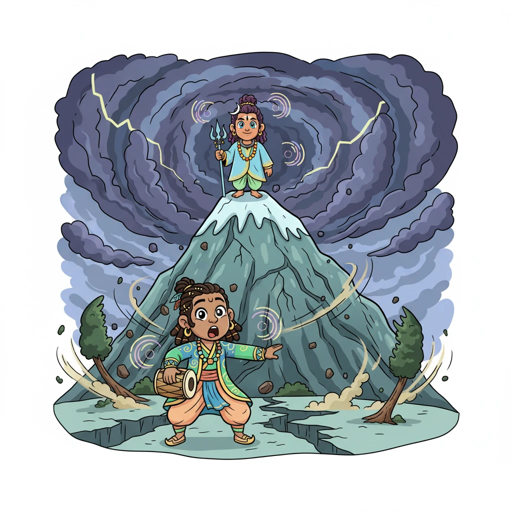 The colossal mountain trembled, shaking the very foundations of the earth. The sky above darkened dramatically, swirling with storm clouds. The entire cosmos felt the impossible weight of Kailash being disturbed, a cosmic shiver.