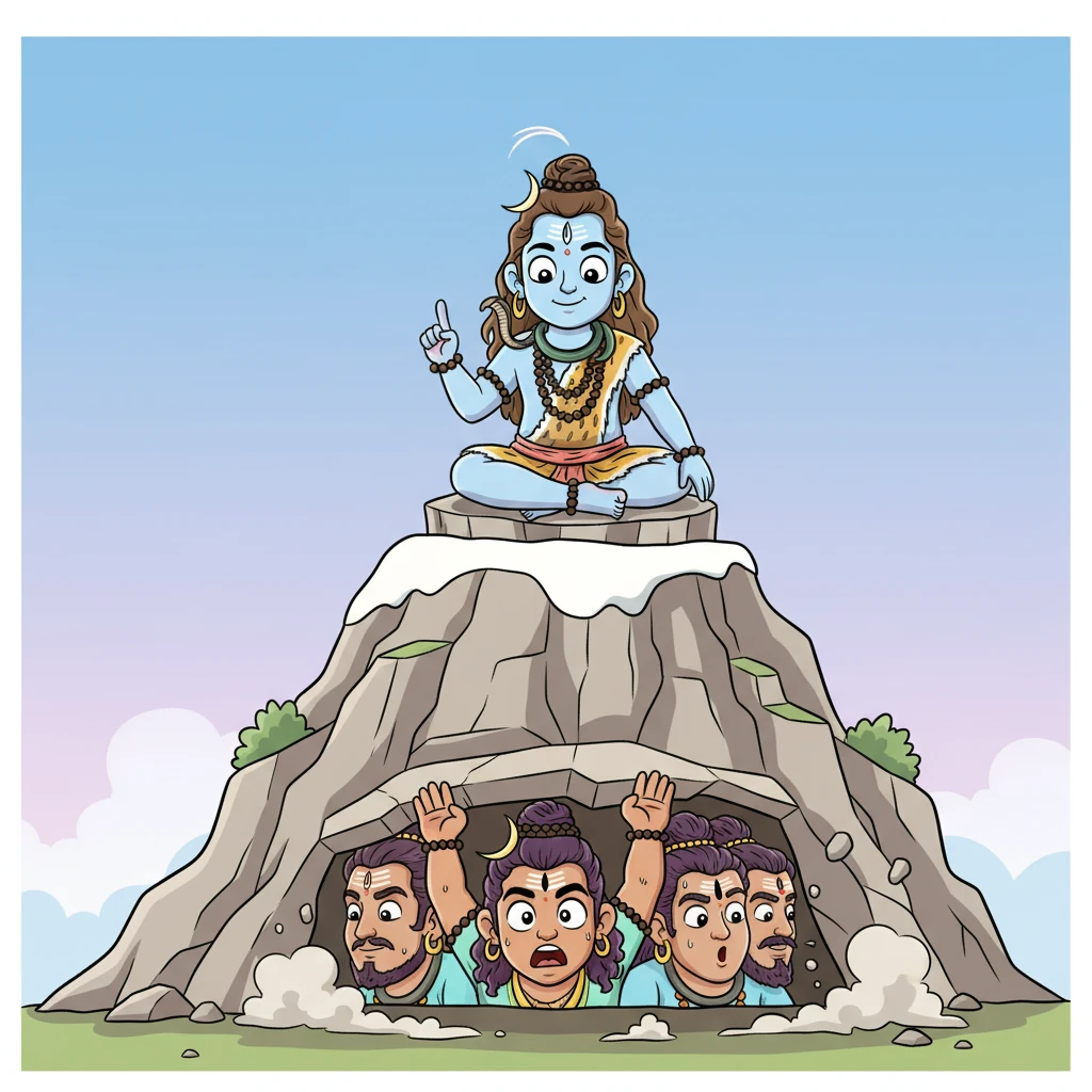 High above, Lord Shiva, serene and calm, observed Ravana's audacious attempt. With a gentle, effortless press of his big toe, Mahadev pushed Kailash back down. The mountain settled, pinning Ravana underneath its immense weight.