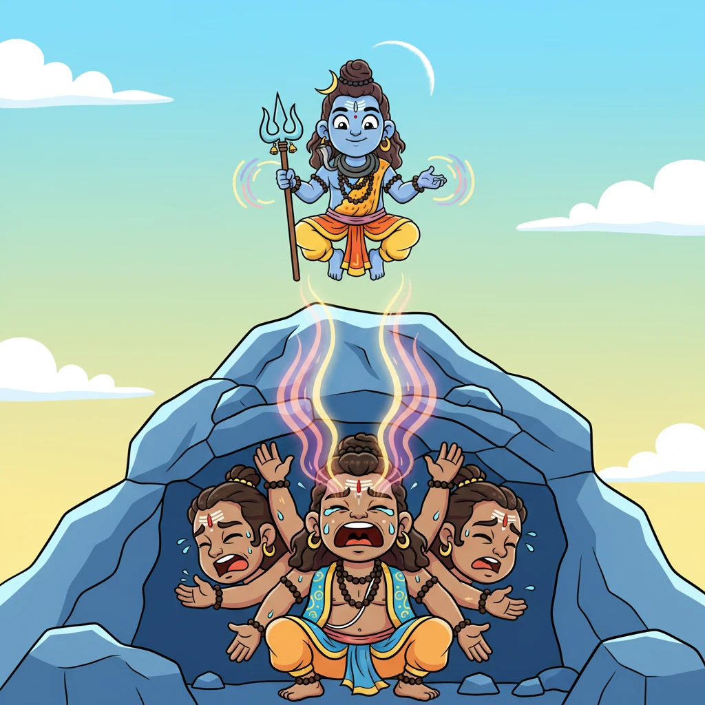 Trapped and broken, Ravana did not cry out in anger or beg for release. Instead, a powerful song erupted from his very being. His pain, sweat, and tears transformed into a rhythmic chant, the Shiva Tandava Stotram, a melody of raw devotion.