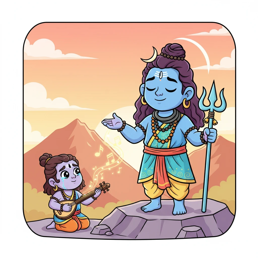 Lord Shiva, the eternal dancer, listened intently to Ravana’s heartfelt song. He was not moved by Ravana's earlier strength or arrogance. Instead, he was touched by the profound truth and sincere devotion woven into every verse of the suffering king’s hymn.