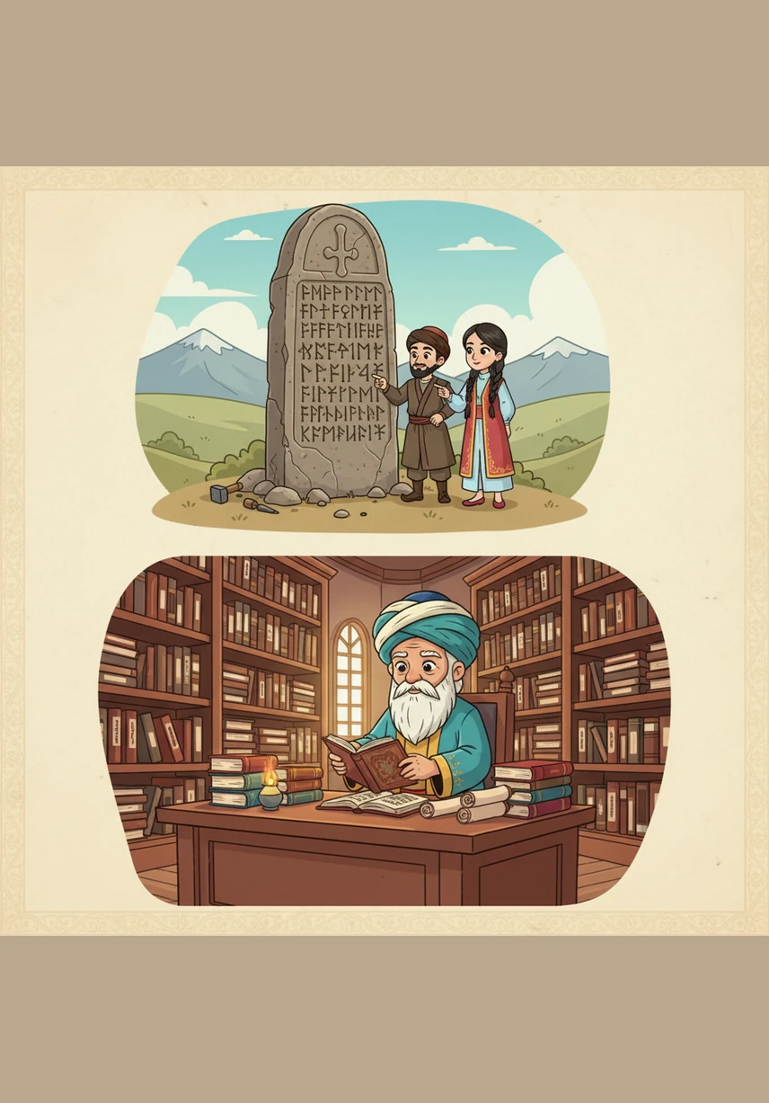 Ежелде адамдар маңызды мәліметтерді Орхон-Енисей ескерткіштері сияқты тастарға қашап жазған. Қызықты факт: Әл-Фараби бабамыз Отырар кітапханасында көптеген еңбектерді жүйелеп, әлемдегі алғашқы библиографтардың бірі болған. Мини тапсырма: Өз есіміңді ежелгі руна таңбаларымен қалай жазуға болатынын ойластырып көр.