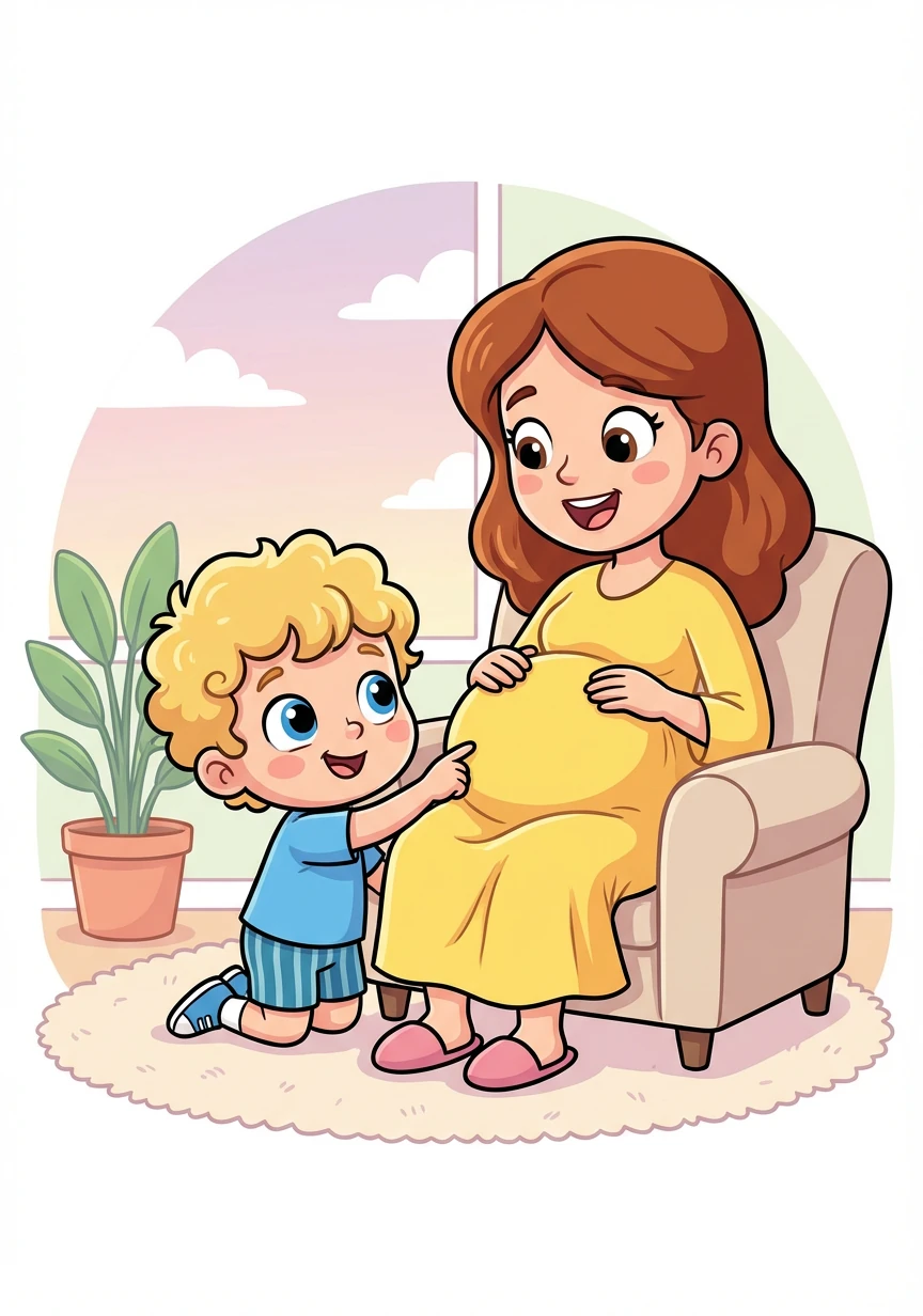 Tommy, con i suoi riccioli biondi e gli occhi azzurri, guarda la pancia della mamma. È grande, grande! La mamma sorride e gli dice che presto arriverà la sua sorellina.