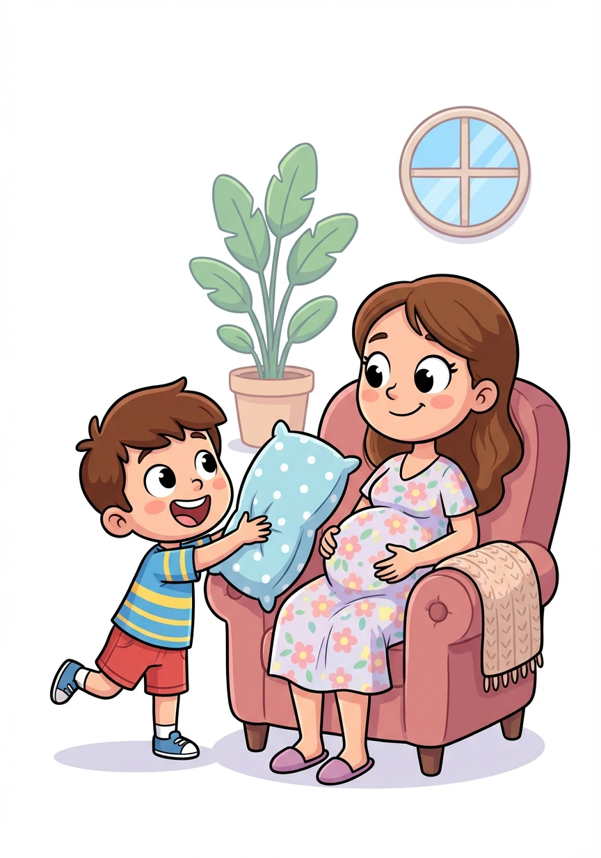 Mamma è seduta sulla poltrona, con la pancia ancora più grande. Tommy le porta un cuscino per farla stare più comoda. È emozionato per l'arrivo della sorellina.