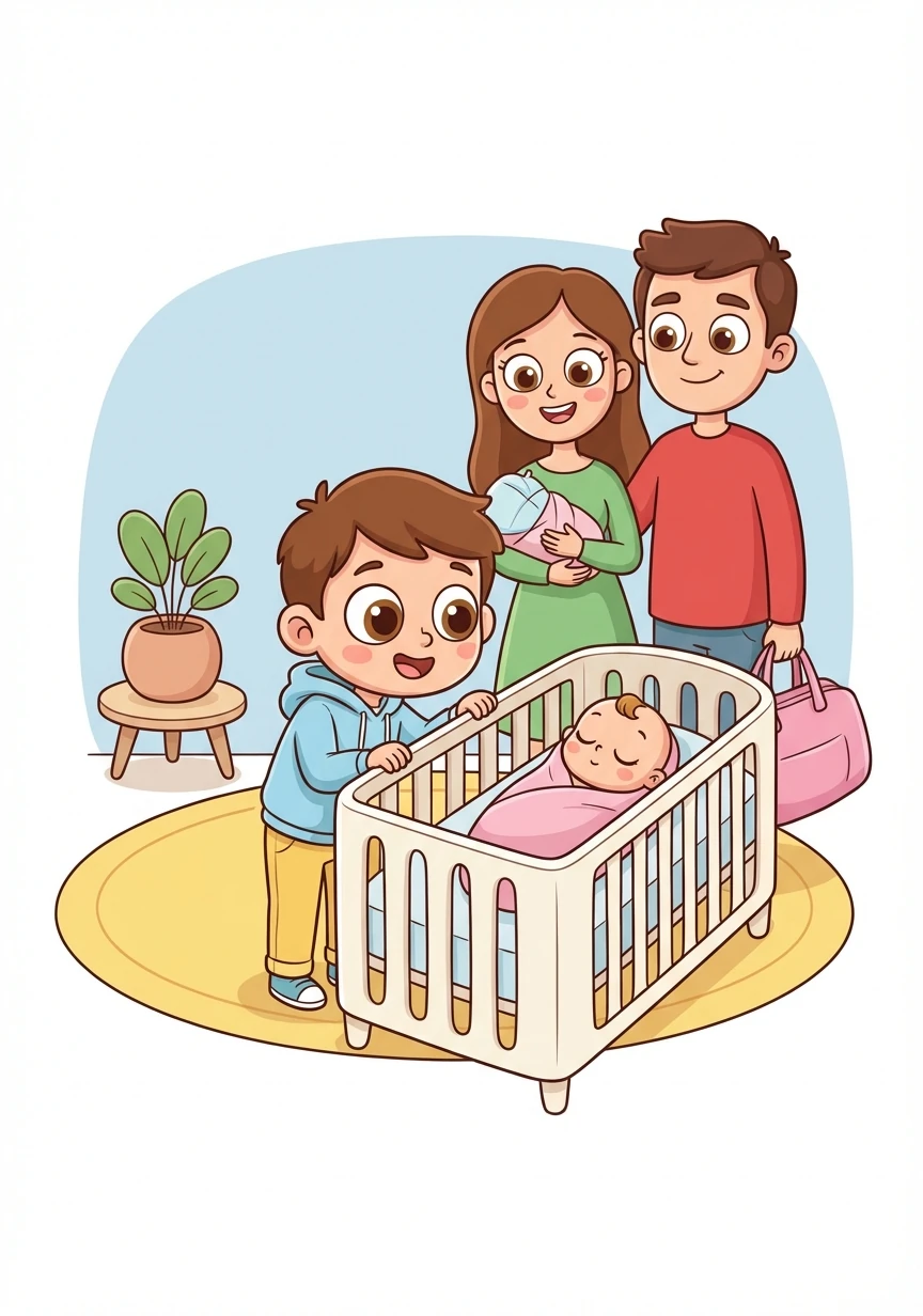 Finalmente! Mamma e papà tornano a casa con un fagottino rosa. Tommy guarda la sua sorellina, Sofia, nel lettino. È così piccola!