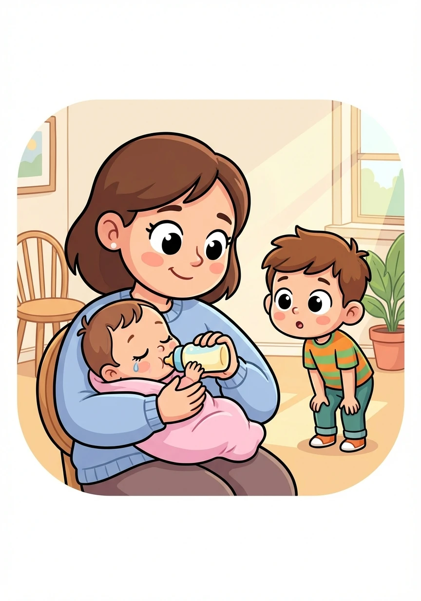 Sofia piange piano. Mamma la prende in braccio e le dà il latte. Tommy osserva con curiosità, imparando come si nutre un neonato.