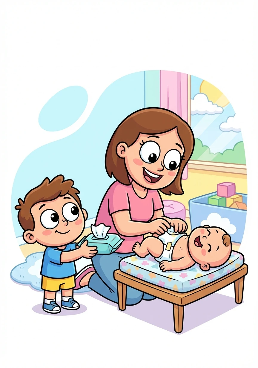 Mamma sta cambiando il pannolino a Sofia. Tommy le porge le salviette umidificate, aiutando come un piccolo assistente. Si sente importante.