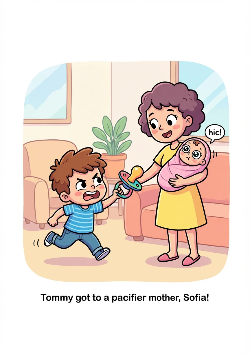 Sofia ha finito di mangiare e ha il singhiozzo. Tommy corre a prendere il ciuccio e lo dà alla mamma per Sofia. Funziona! Sofia si calma.