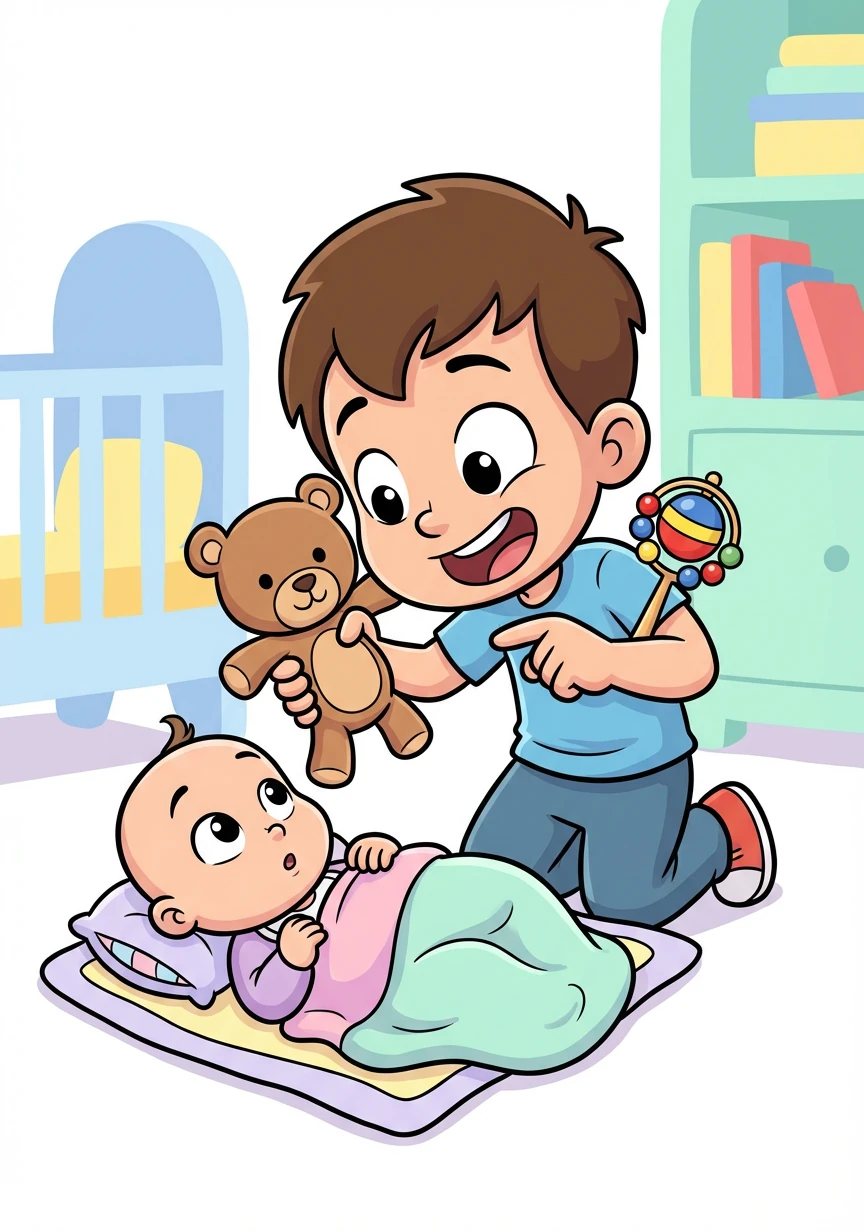 Tommy mostra i suoi giocattoli a Sofia. Un orsetto morbido, un sonaglio colorato. Anche se lei è troppo piccola per giocare, Tommy le racconta storie.